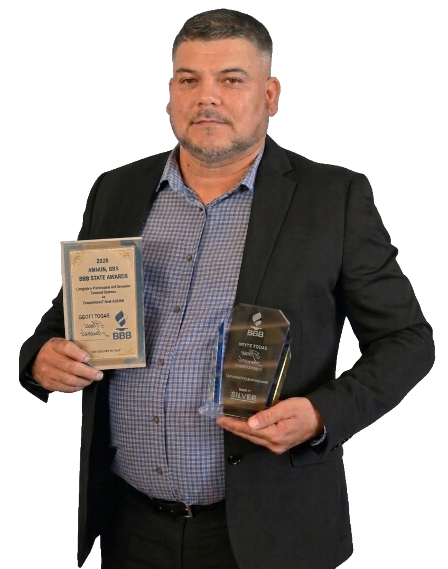Juan Adame, owner of Texas Prime Homes roofing contractor in Edinburg TX, holding BBB Award for Excellence